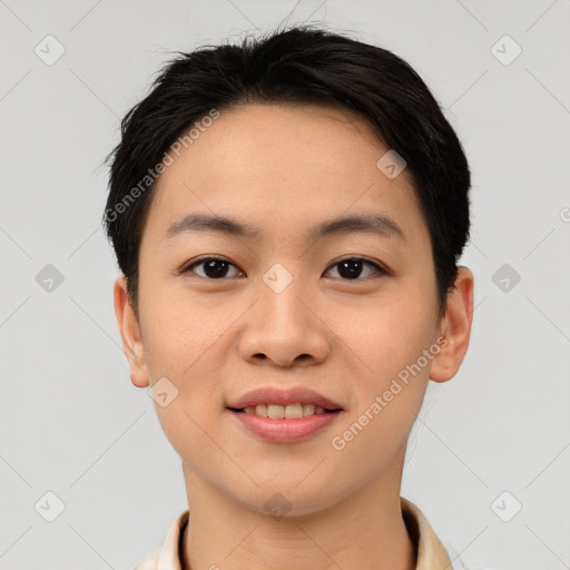 Joyful asian young-adult female with short  brown hair and brown eyes