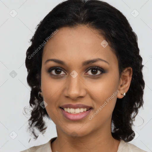 Joyful latino young-adult female with medium  black hair and brown eyes