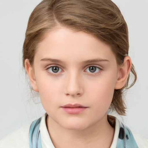 Neutral white child female with medium  brown hair and grey eyes