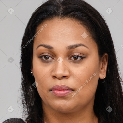 Joyful latino young-adult female with long  brown hair and brown eyes