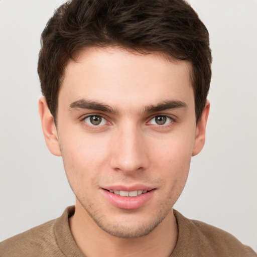 Neutral white young-adult male with short  brown hair and grey eyes