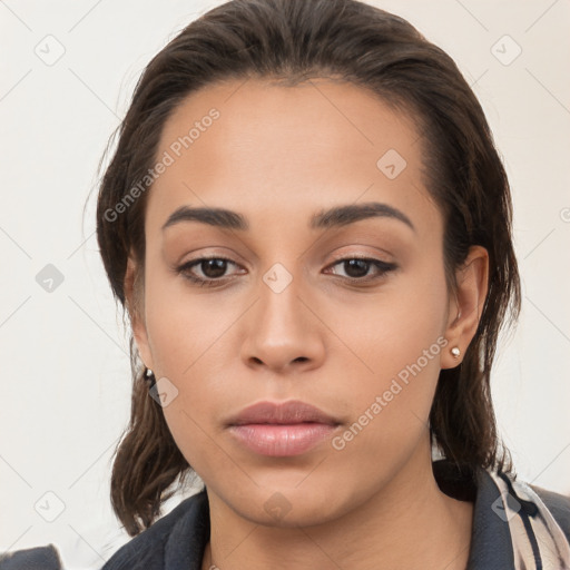 Neutral white young-adult female with medium  brown hair and brown eyes