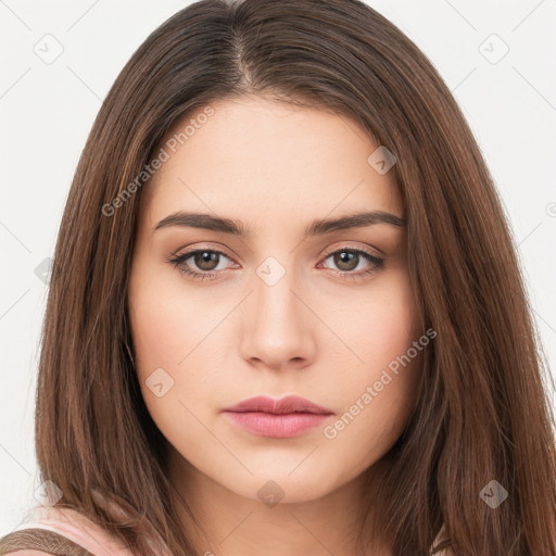 Neutral white young-adult female with long  brown hair and brown eyes