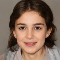 Joyful white child female with medium  brown hair and brown eyes