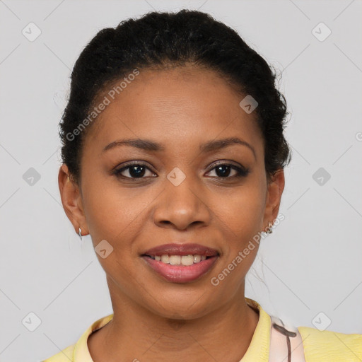 Joyful latino young-adult female with short  brown hair and brown eyes