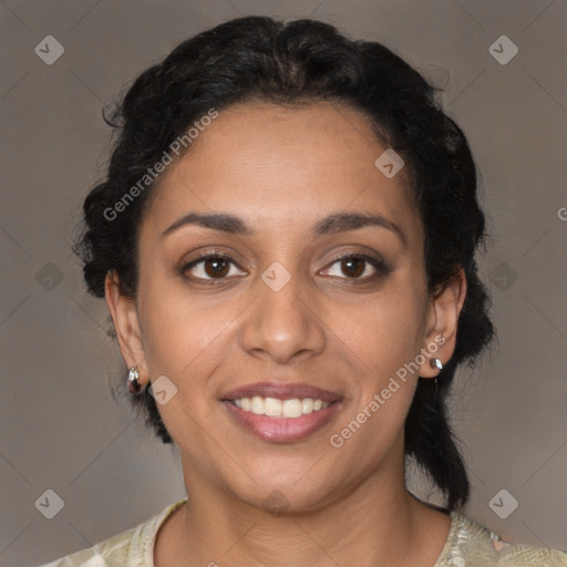 Joyful latino young-adult female with medium  black hair and brown eyes