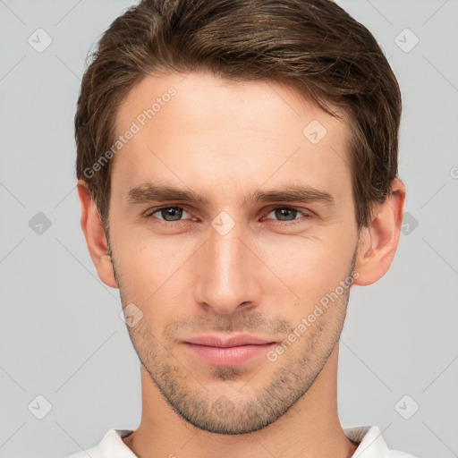 Neutral white young-adult male with short  brown hair and brown eyes