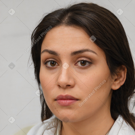 Neutral white young-adult female with medium  brown hair and brown eyes