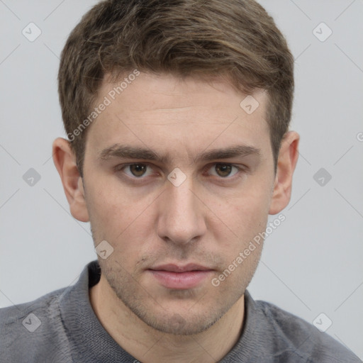 Neutral white young-adult male with short  brown hair and grey eyes