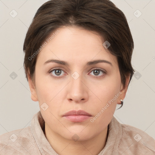 Neutral white young-adult female with short  brown hair and brown eyes