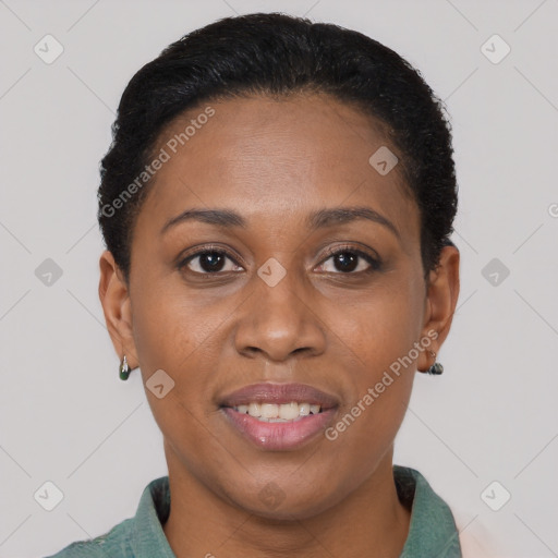 Joyful black adult female with short  brown hair and brown eyes