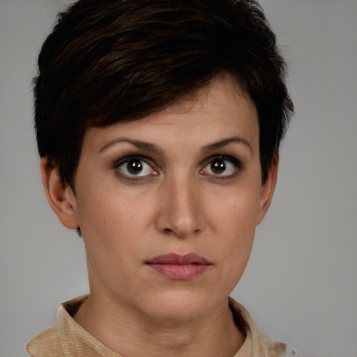 Neutral white young-adult female with short  brown hair and brown eyes