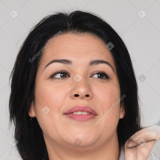 Joyful asian adult female with medium  brown hair and brown eyes