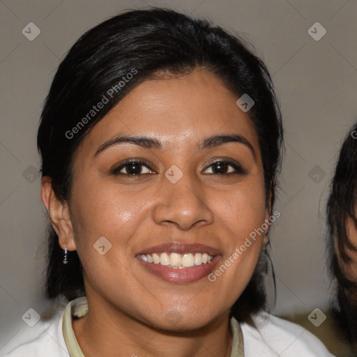 Joyful latino young-adult female with medium  brown hair and brown eyes