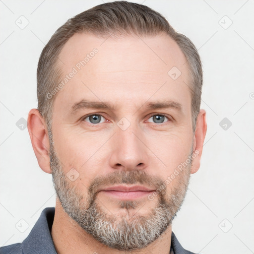 Neutral white adult male with short  brown hair and grey eyes