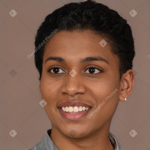 Joyful latino young-adult female with short  black hair and brown eyes