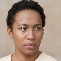 Neutral black young-adult female with short  brown hair and brown eyes