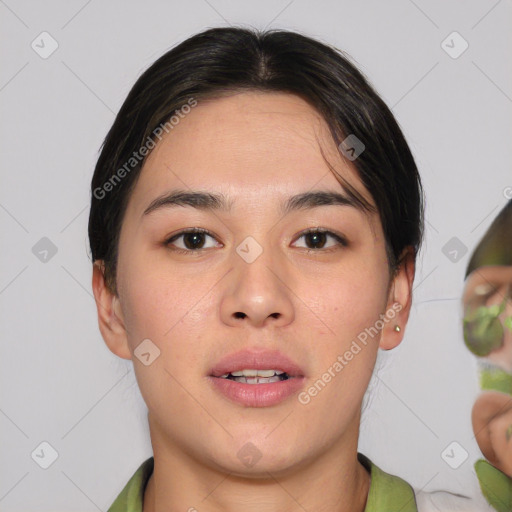 Neutral white young-adult female with medium  brown hair and brown eyes