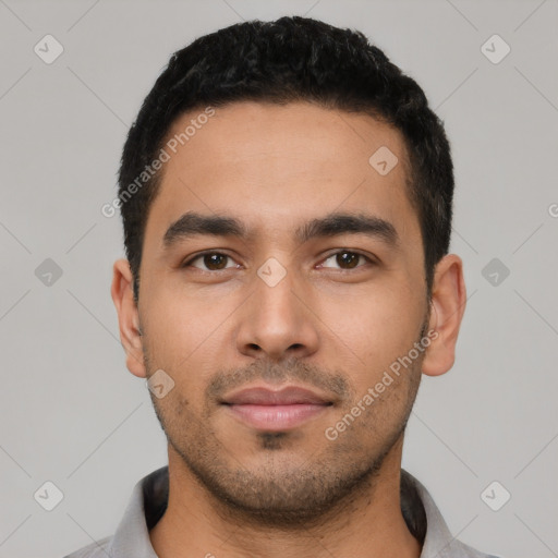 Neutral latino young-adult male with short  black hair and brown eyes