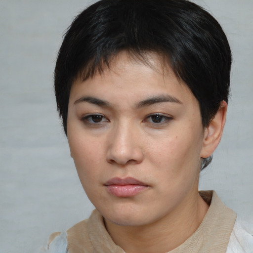 Neutral asian young-adult female with short  brown hair and brown eyes