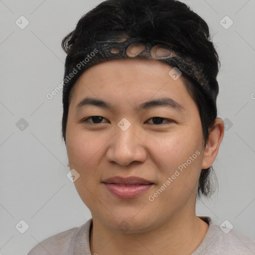 Joyful asian young-adult female with short  black hair and brown eyes