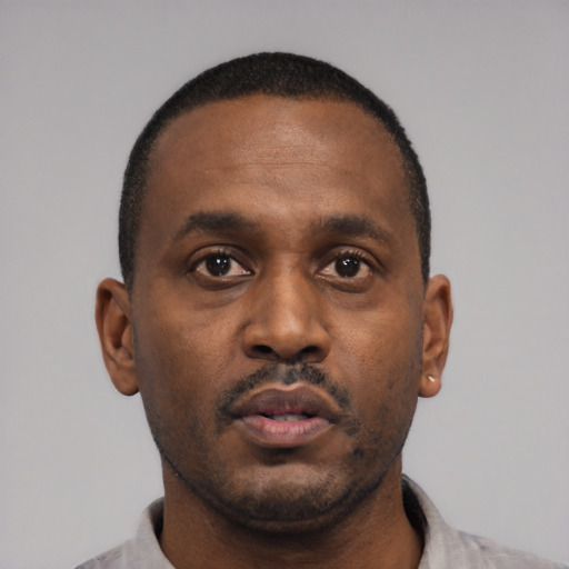 Neutral black young-adult male with short  black hair and brown eyes