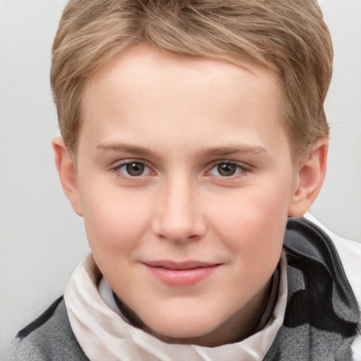 Joyful white child female with short  brown hair and grey eyes