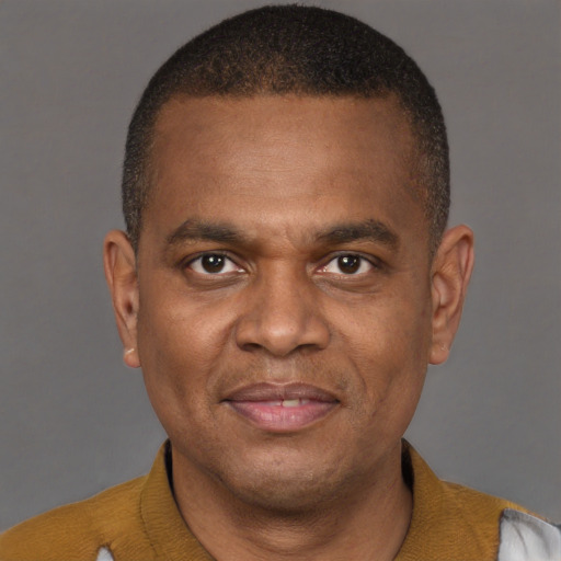 Joyful black young-adult male with short  brown hair and brown eyes