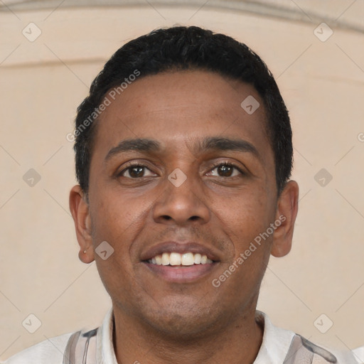 Neutral latino young-adult male with short  black hair and brown eyes