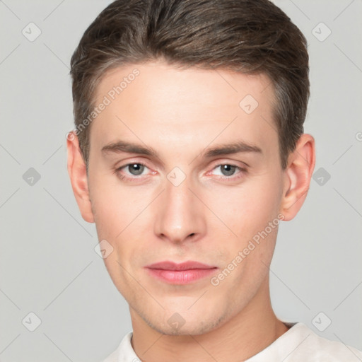 Neutral white young-adult male with short  brown hair and brown eyes