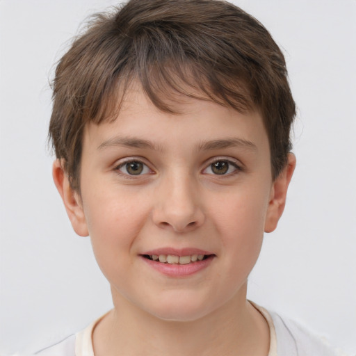 Joyful white child female with short  brown hair and brown eyes