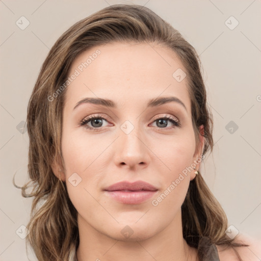 Neutral white young-adult female with medium  brown hair and grey eyes