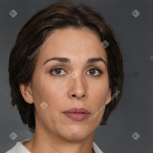 Neutral white adult female with medium  brown hair and brown eyes