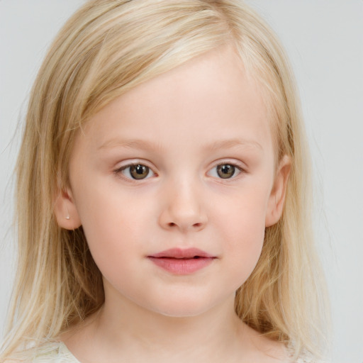 Neutral white child female with medium  brown hair and blue eyes