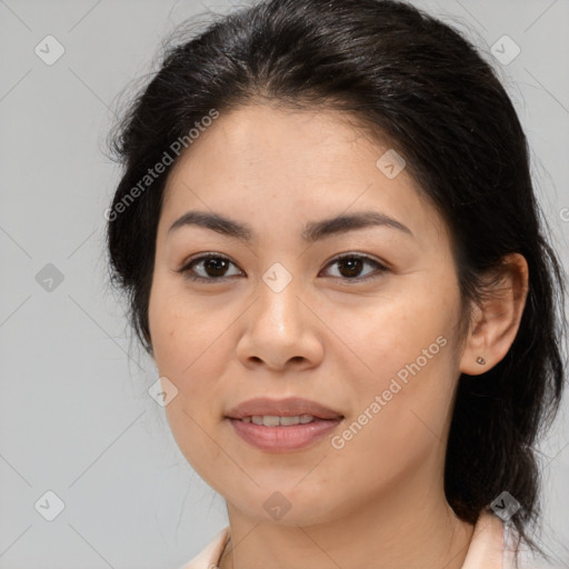 Joyful white young-adult female with medium  brown hair and brown eyes