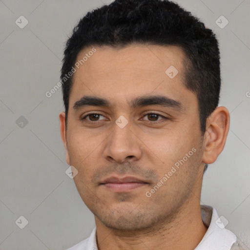 Neutral asian young-adult male with short  black hair and brown eyes