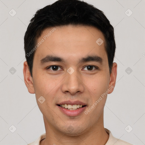 Joyful latino young-adult male with short  black hair and brown eyes