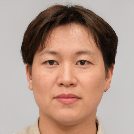 Neutral white adult female with short  brown hair and brown eyes
