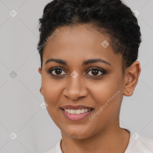 Joyful latino young-adult female with short  brown hair and brown eyes