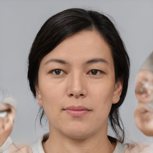 Neutral asian young-adult female with medium  black hair and brown eyes