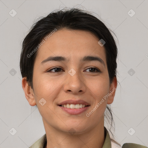 Joyful asian young-adult female with medium  brown hair and brown eyes