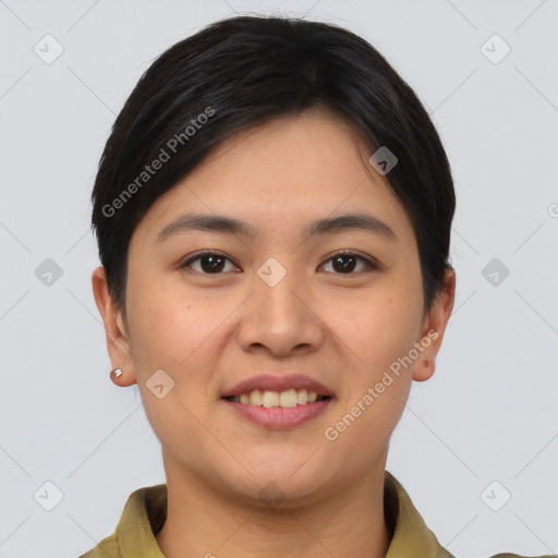 Joyful asian young-adult female with short  brown hair and brown eyes