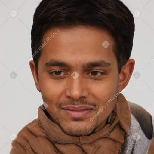 Joyful black young-adult male with short  brown hair and brown eyes