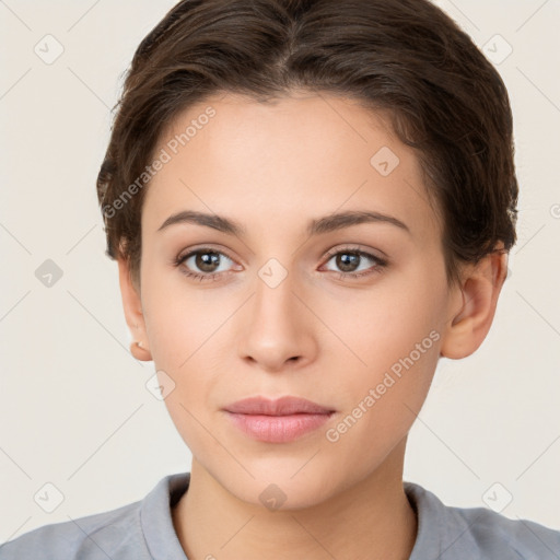 Neutral white young-adult female with short  brown hair and brown eyes