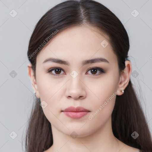 Neutral white young-adult female with long  brown hair and brown eyes