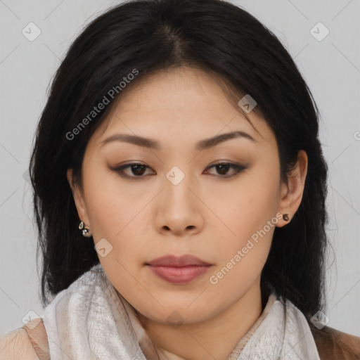 Neutral asian young-adult female with medium  brown hair and brown eyes