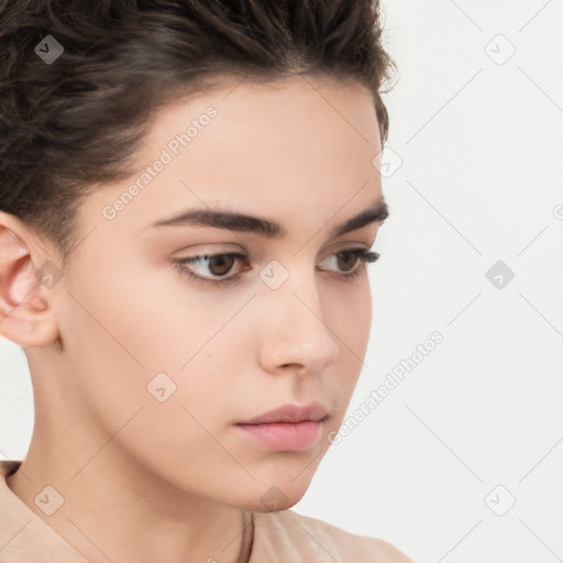 Neutral white young-adult female with short  brown hair and brown eyes