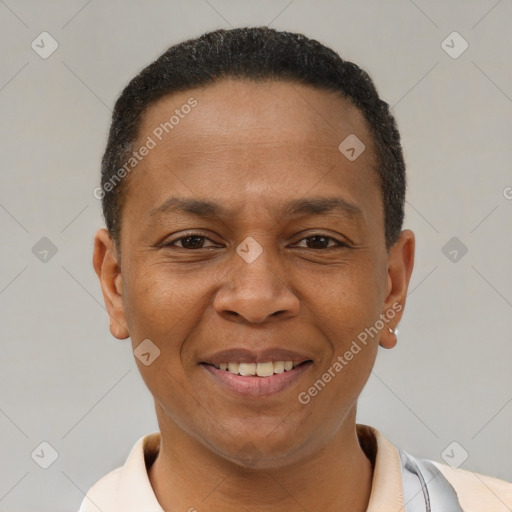 Joyful latino adult male with short  brown hair and brown eyes