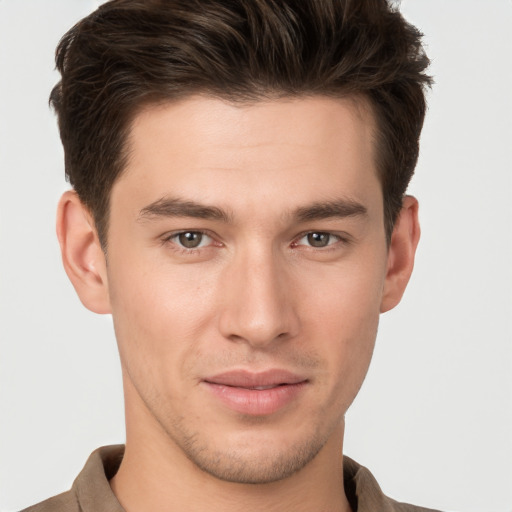 Neutral white young-adult male with short  brown hair and brown eyes