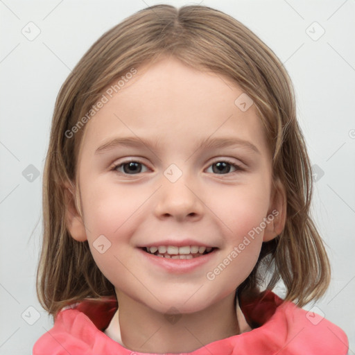 Joyful white child female with medium  brown hair and grey eyes